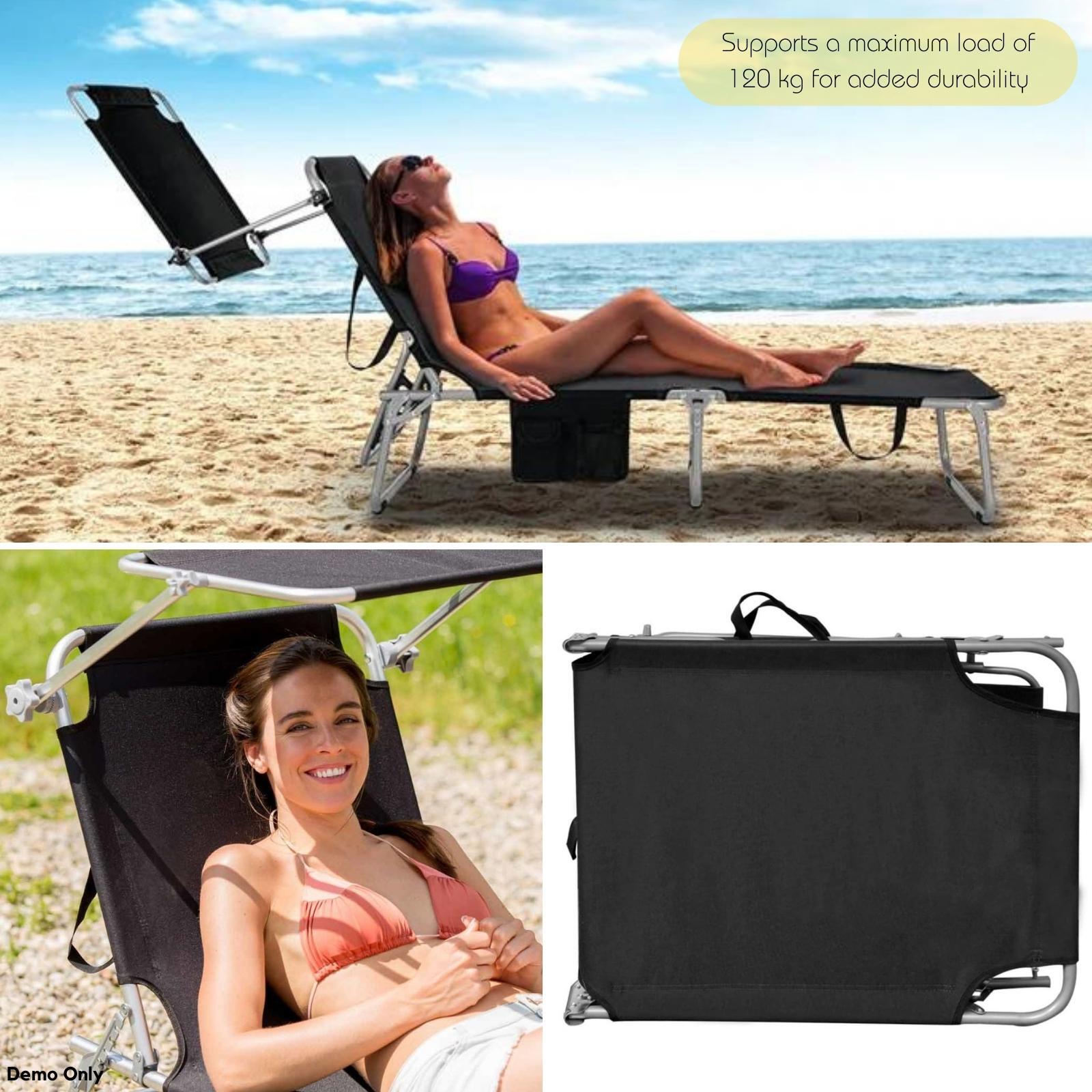 Folding Sun Lounger with Canopy Steel and Fabric Black