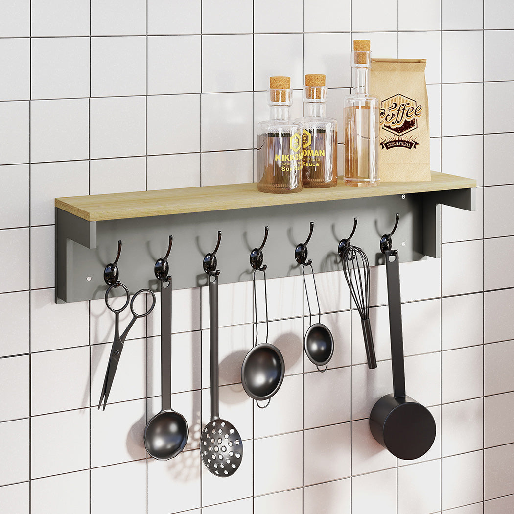 Levede Coat Rack Wall Mounted Shelf 7 Double Hooks Storage Entryway Hallway Grey-2065254290762633222