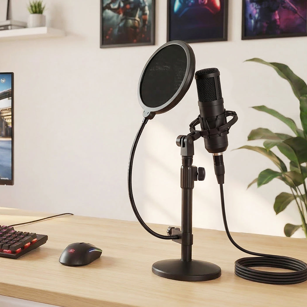 Levede Desktop Microphone Stand Adjustable Pop Filter Shock Mount Base Kit Black-2065254308319989766