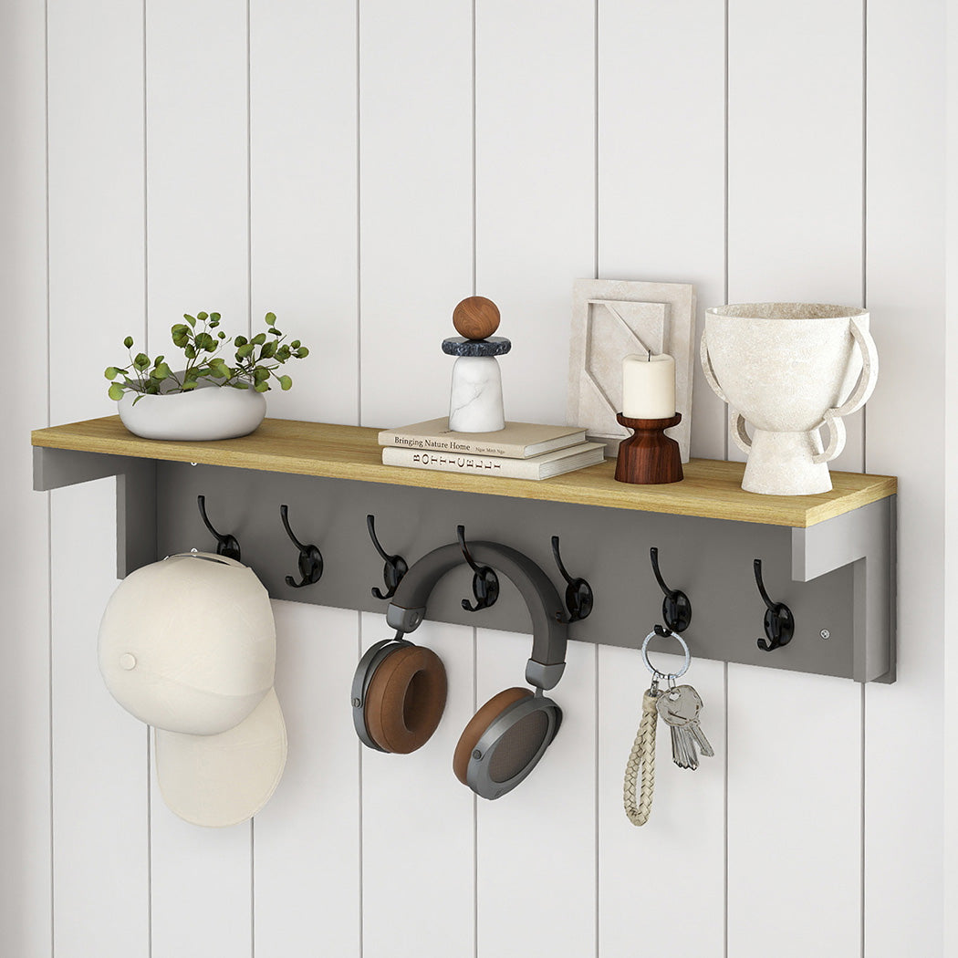 Levede Coat Rack Wall Mounted Shelf 7 Double Hooks Storage Entryway Hallway Grey-2065254290762633223