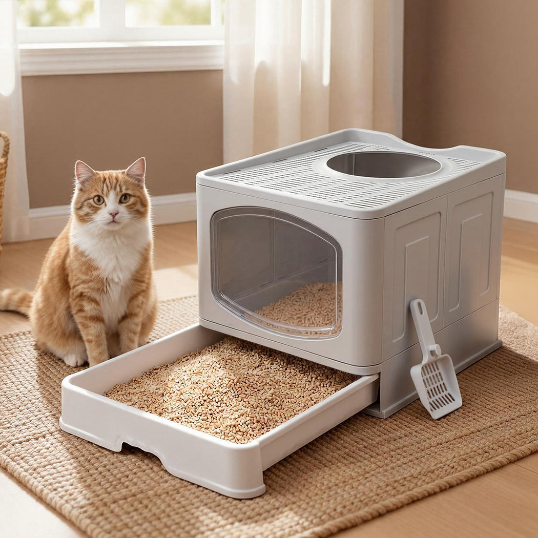 Pawz Large Cat Litter Box Foldable Top Entry Covered Litter Tray Scoop Grey-2065254305631440903