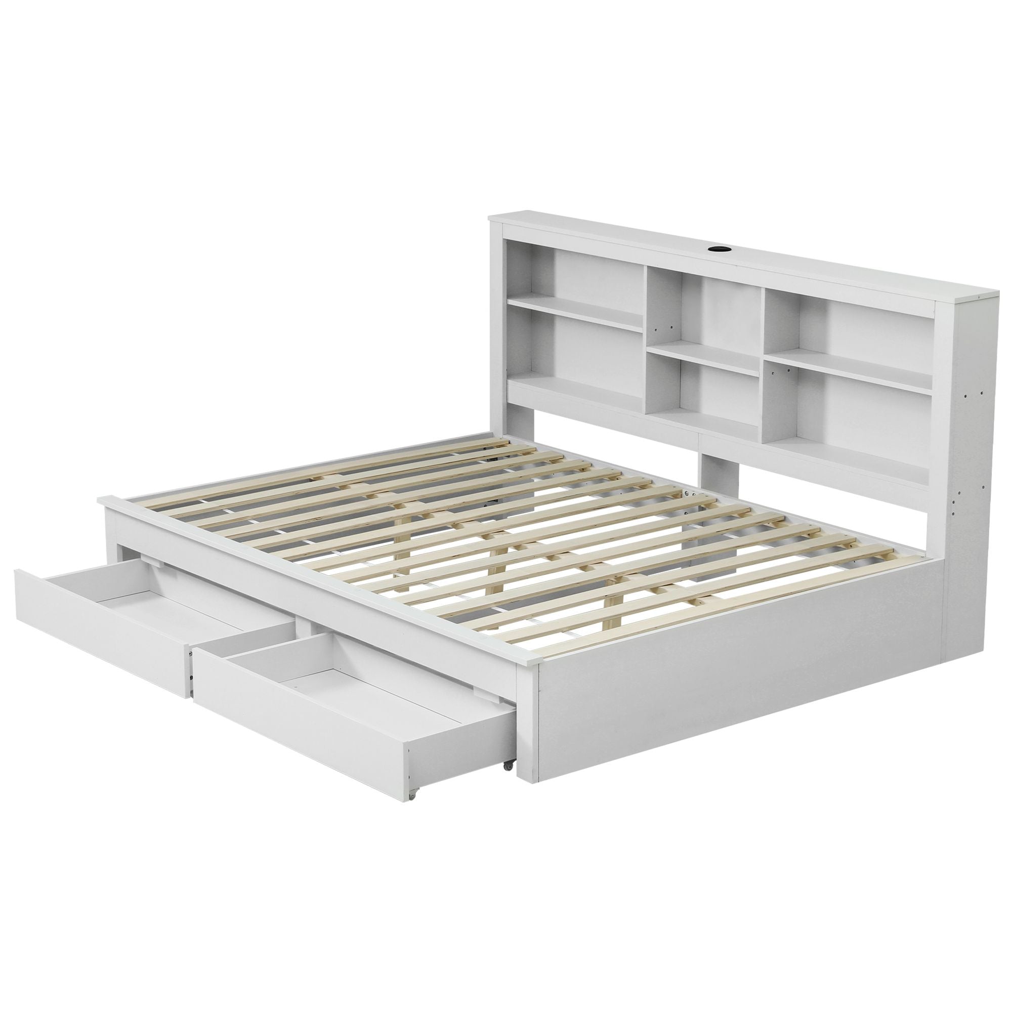 Artiss Noise-Free White Farmhouse Solid Wood Double Platform Bed Frame with Storage Headboard, Charging Station and Drawers