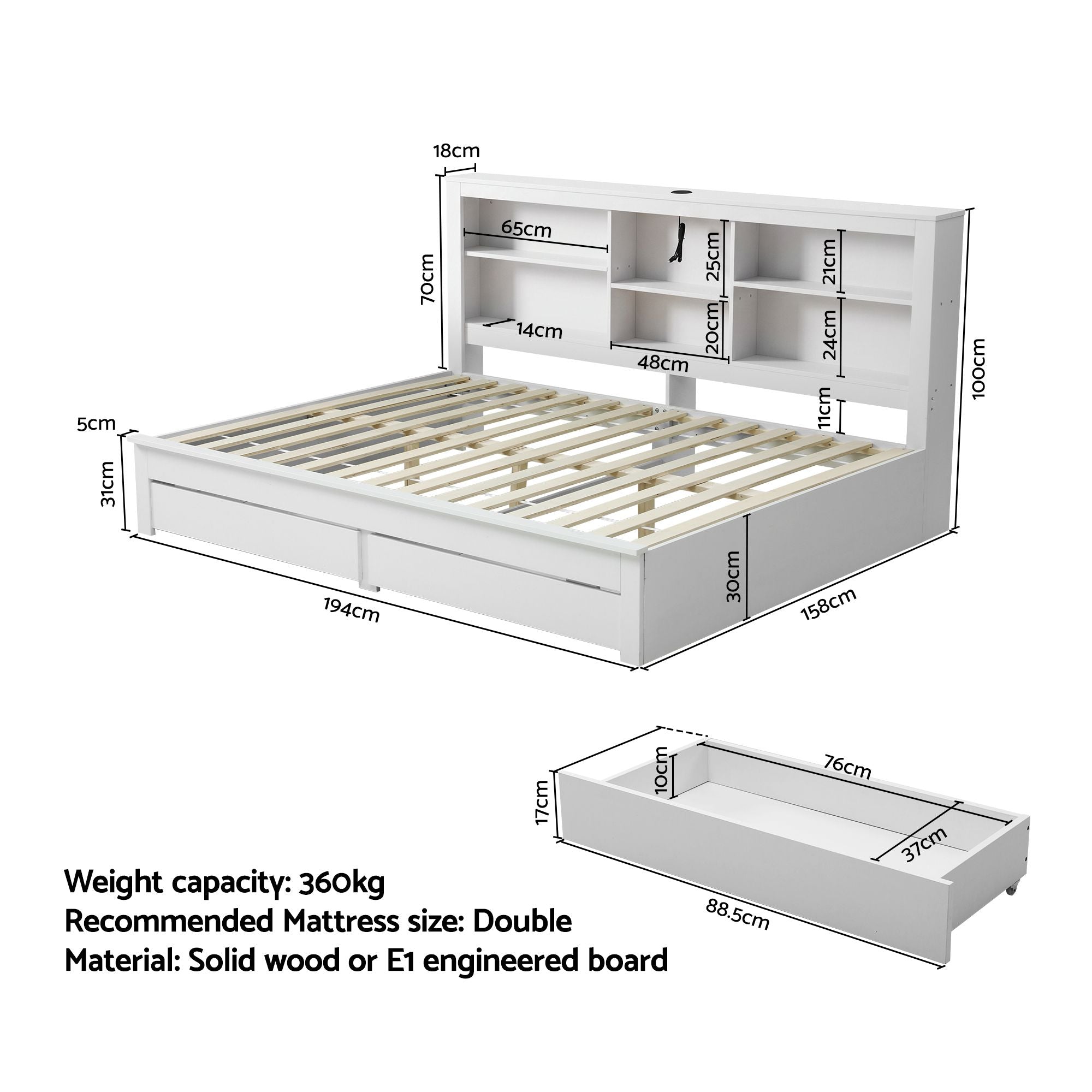 Artiss Noise-Free White Farmhouse Solid Wood Double Platform Bed Frame with Storage Headboard, Charging Station and Drawers