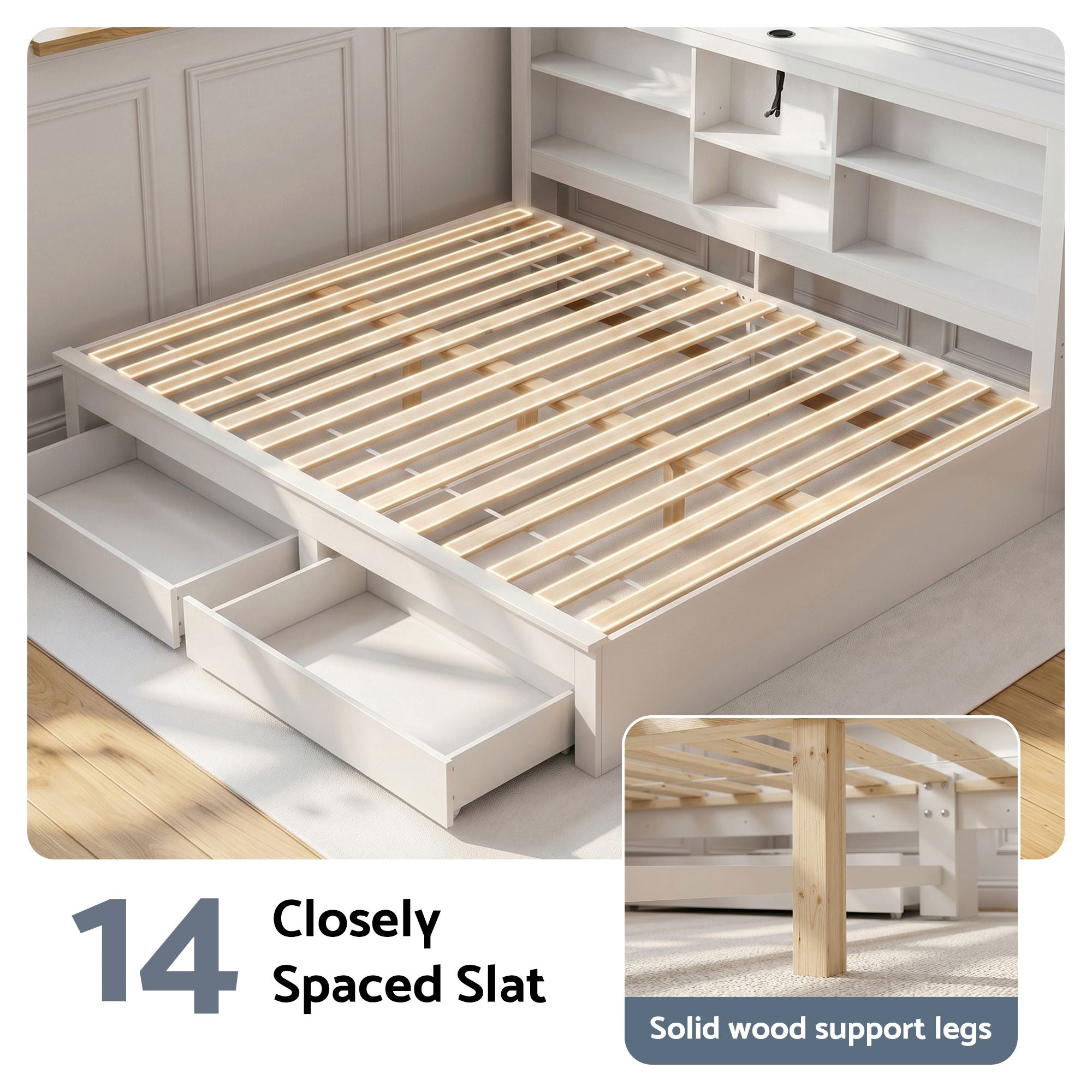 Artiss Noise-Free White Farmhouse Solid Wood Double Platform Bed Frame with Storage Headboard, Charging Station and Drawers