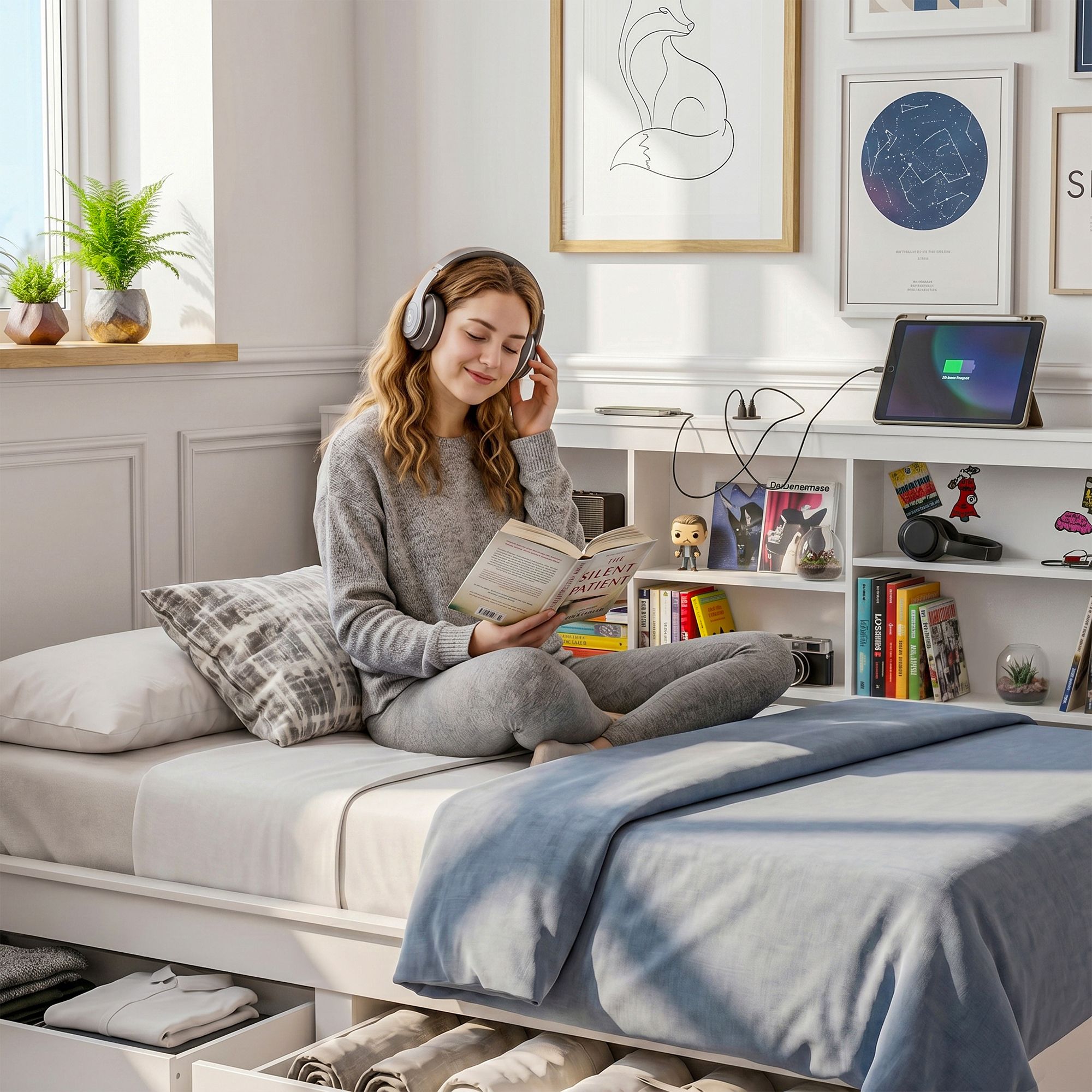 Artiss Noise-Free White Farmhouse Solid Wood Double Platform Bed Frame with Storage Headboard, Charging Station and Drawers