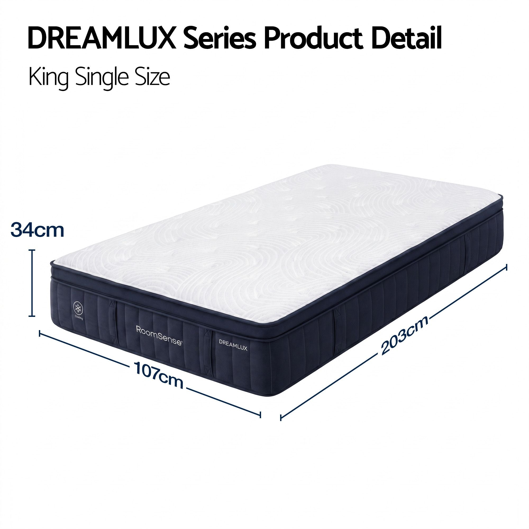 RoomSense King Single Mattress, 34cm Thick Medium Firm Hybrid Mattress for Back Pain Relief