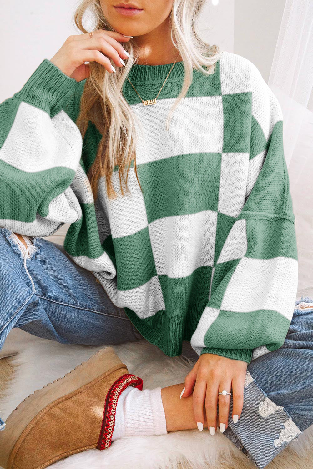 Orange Checkered Bishop Sleeve Sweater for Women