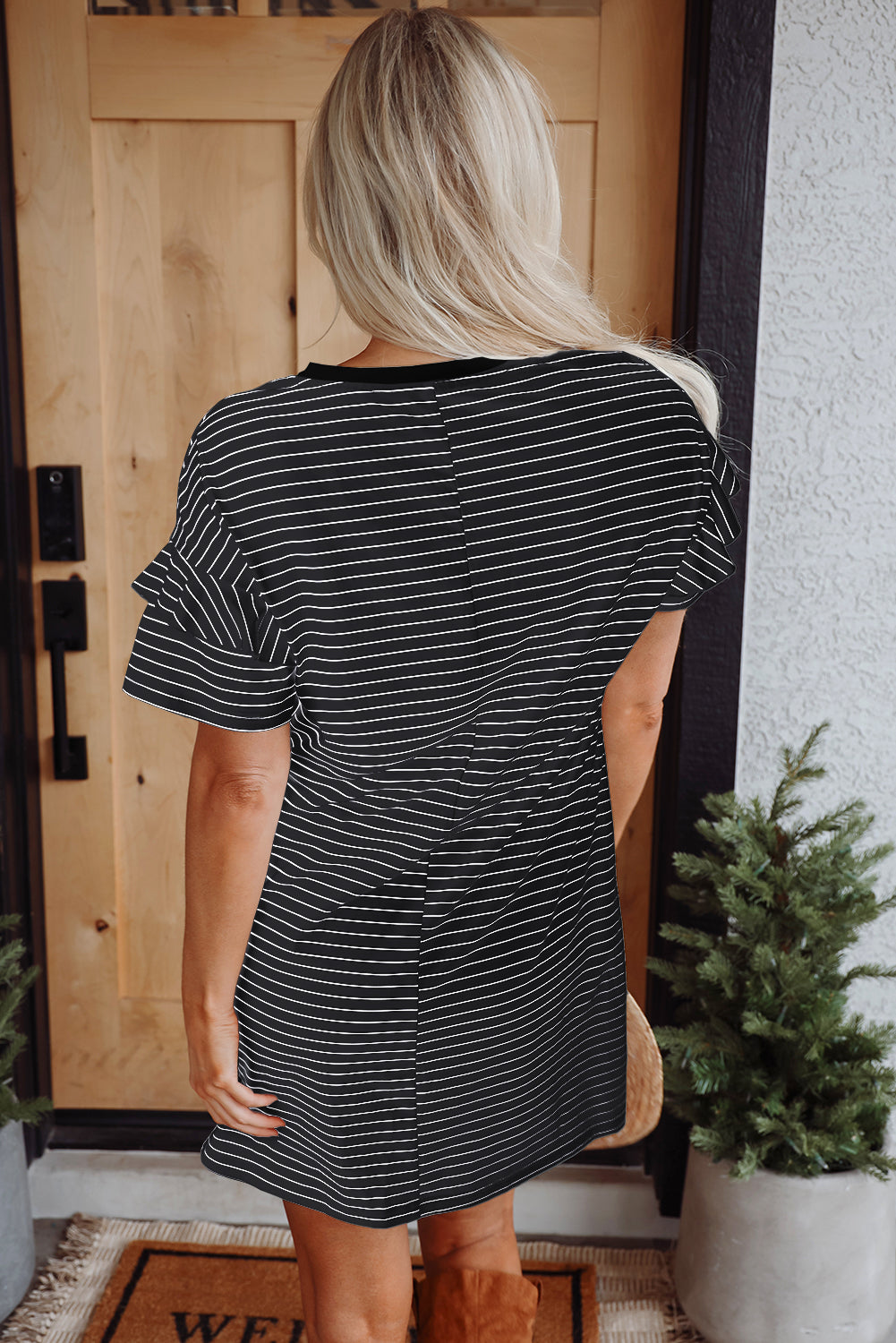 Women’s White Stripe Shift Mini Dress with Ruffled Short Sleeves and Crew Neck