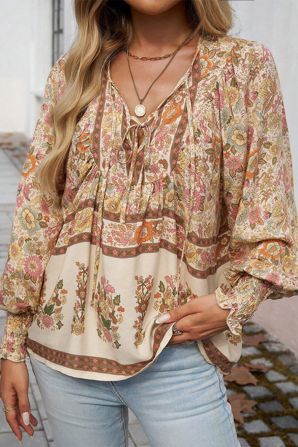 Yellow Floral Print Blouse Tie Neck Lantern Sleeve Casual Women’s Top