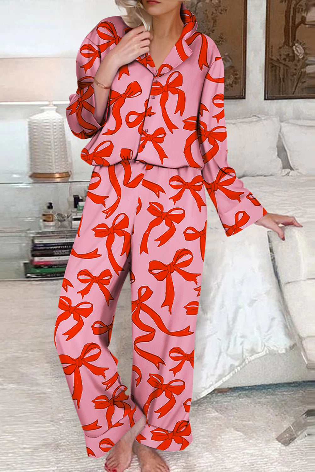 Pink 2 Piece Pajama Set Bow Print Shirt Style Long Sleeve Sleepwear