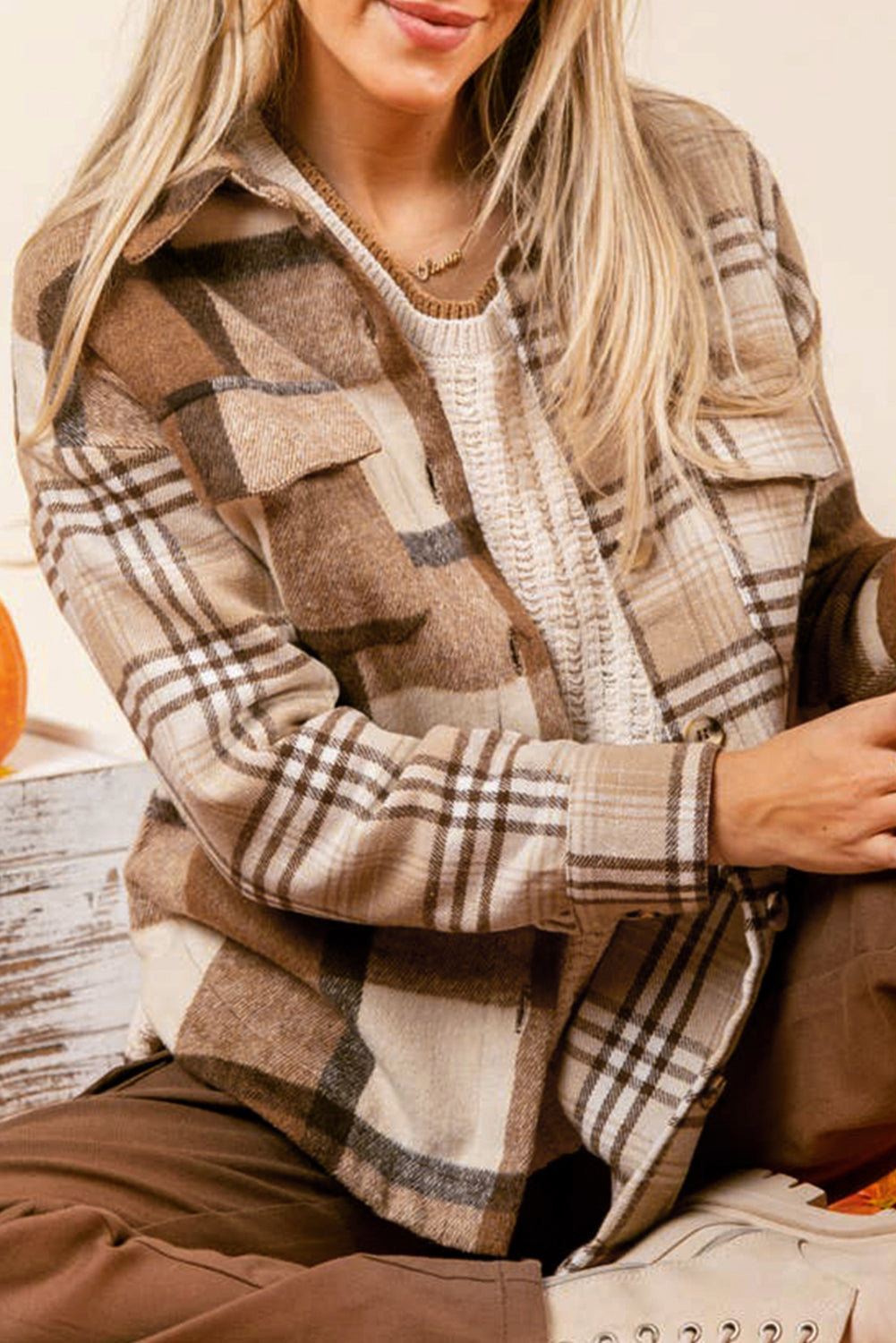 Light French Beige Flannel Plaid Shacket Double Flap Pocket Long Sleeve Jacket