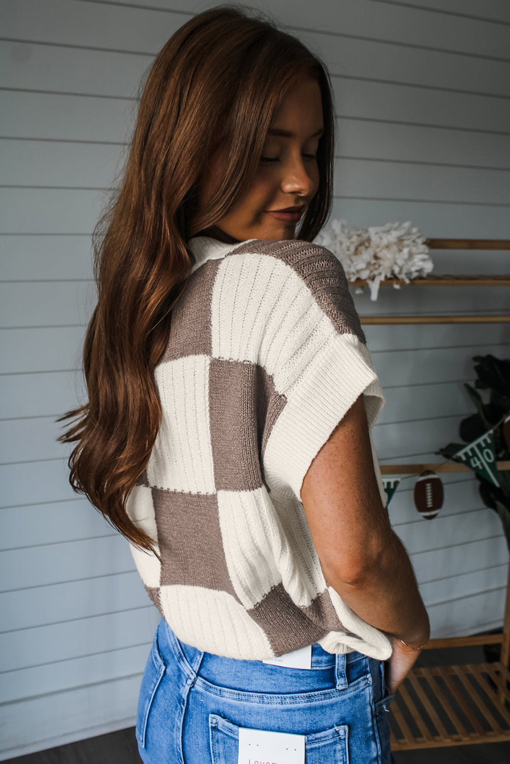 Light Blue Checkered Colour Block Crew Neck Short Sleeve Sweater