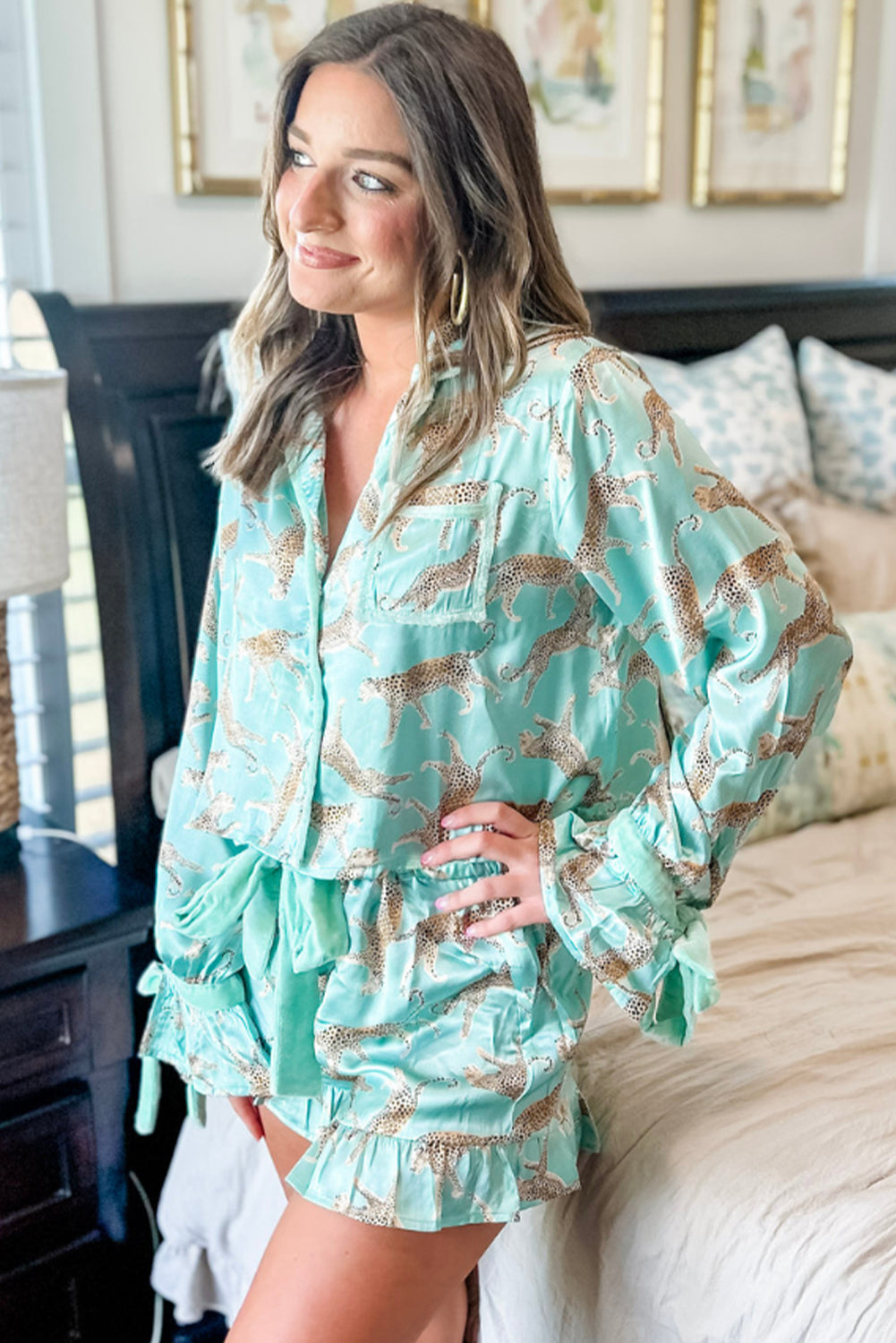 Green Leopard Satin Pajama Set Ruffle Shorts & Top Women’s Sleepwear