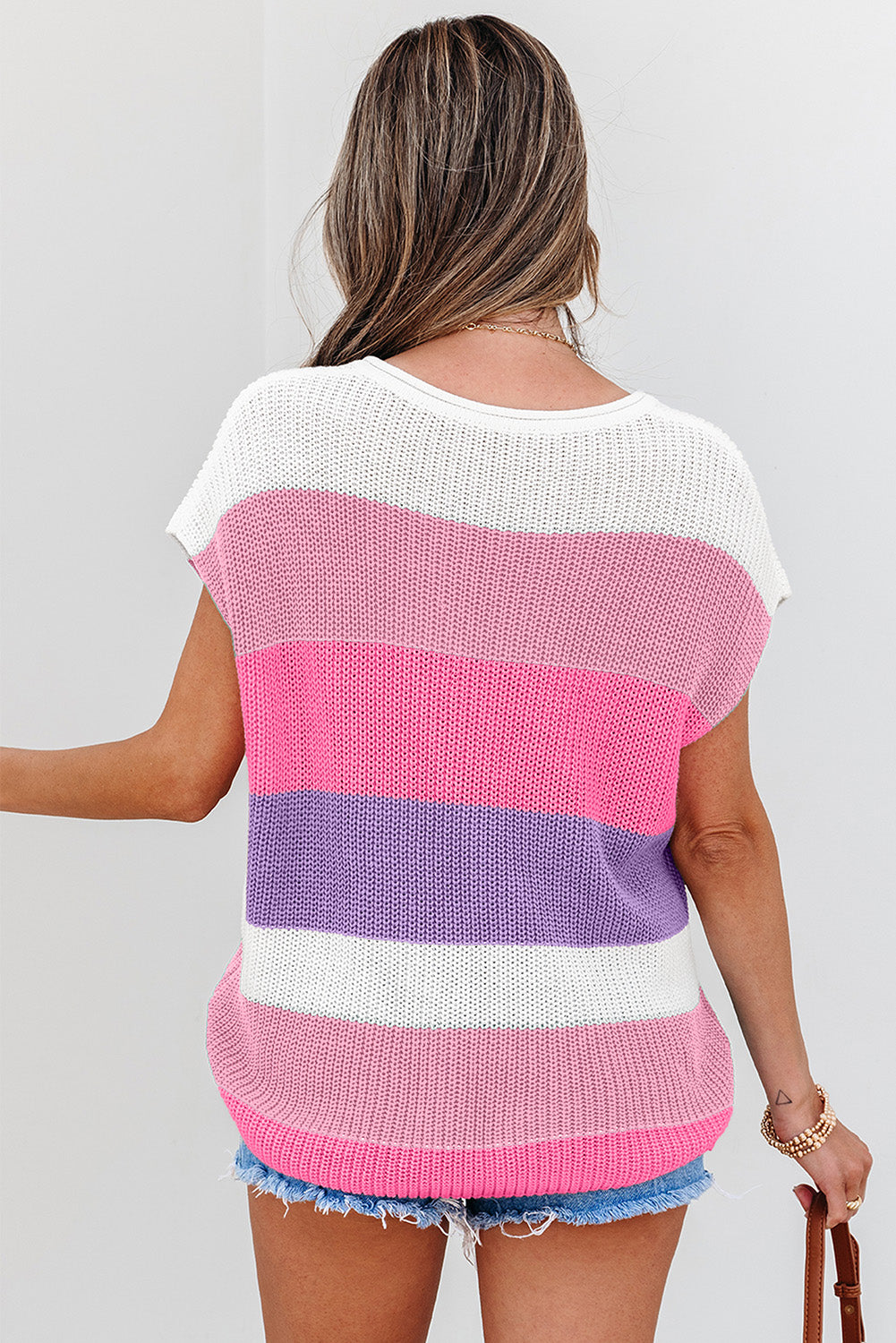 Pink Colour Block Notch V Neck Sweater T Shirt
