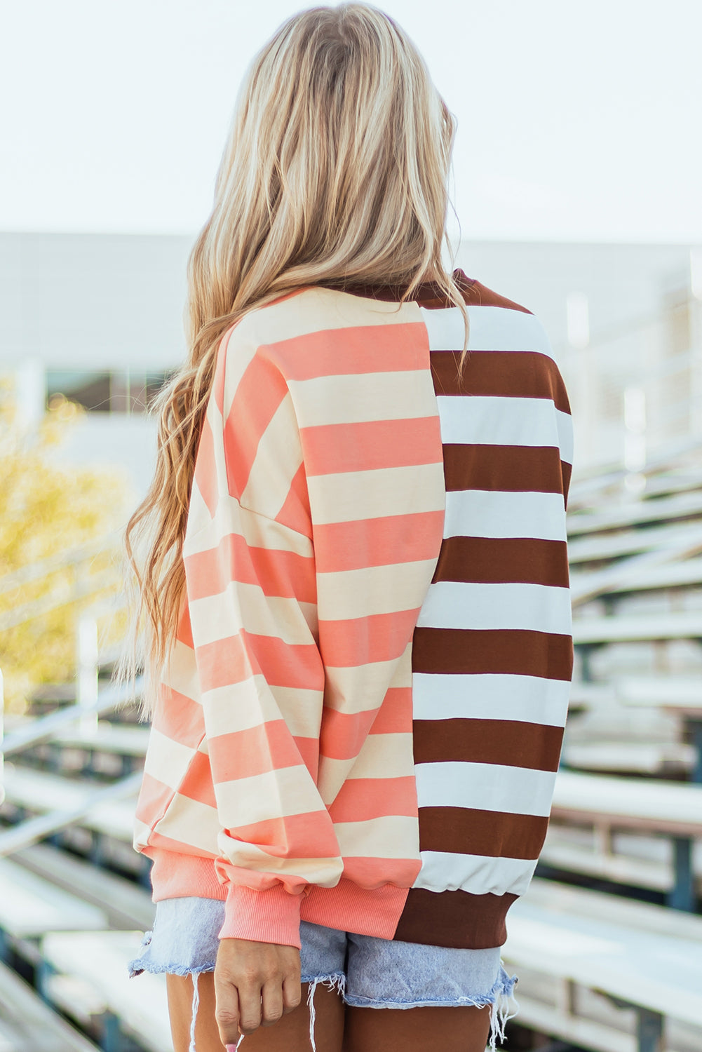 Brown Stripe Colour Block Drop Shoulder Pullover Sweatshirt