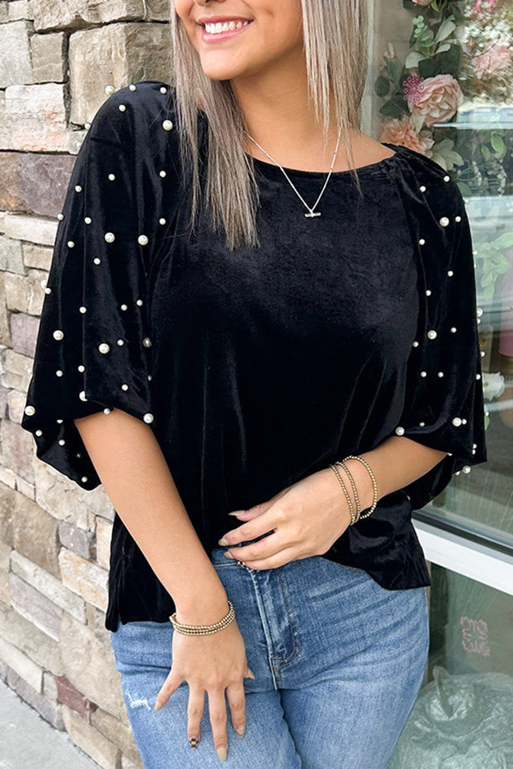 Black Velvet Top Pearl Beaded Half Sleeve Elegant Evening or Party Blouse