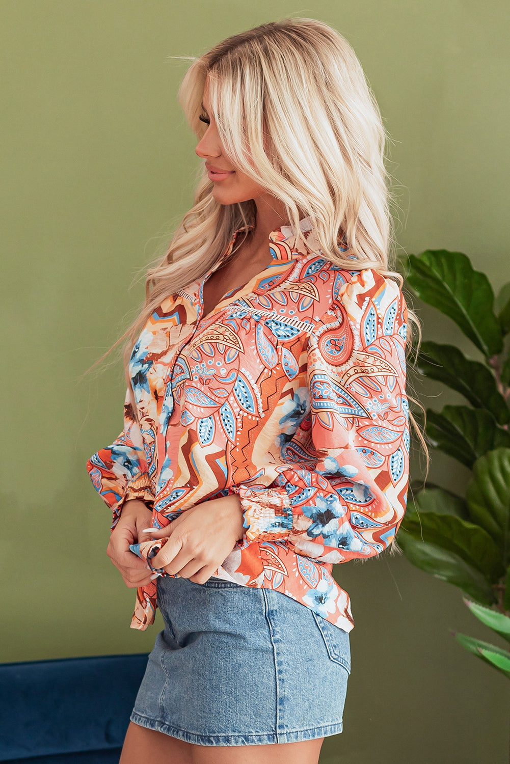 Orange Floral Print Loose Shirt Buttoned Top with Shirred Cuff Sleeves