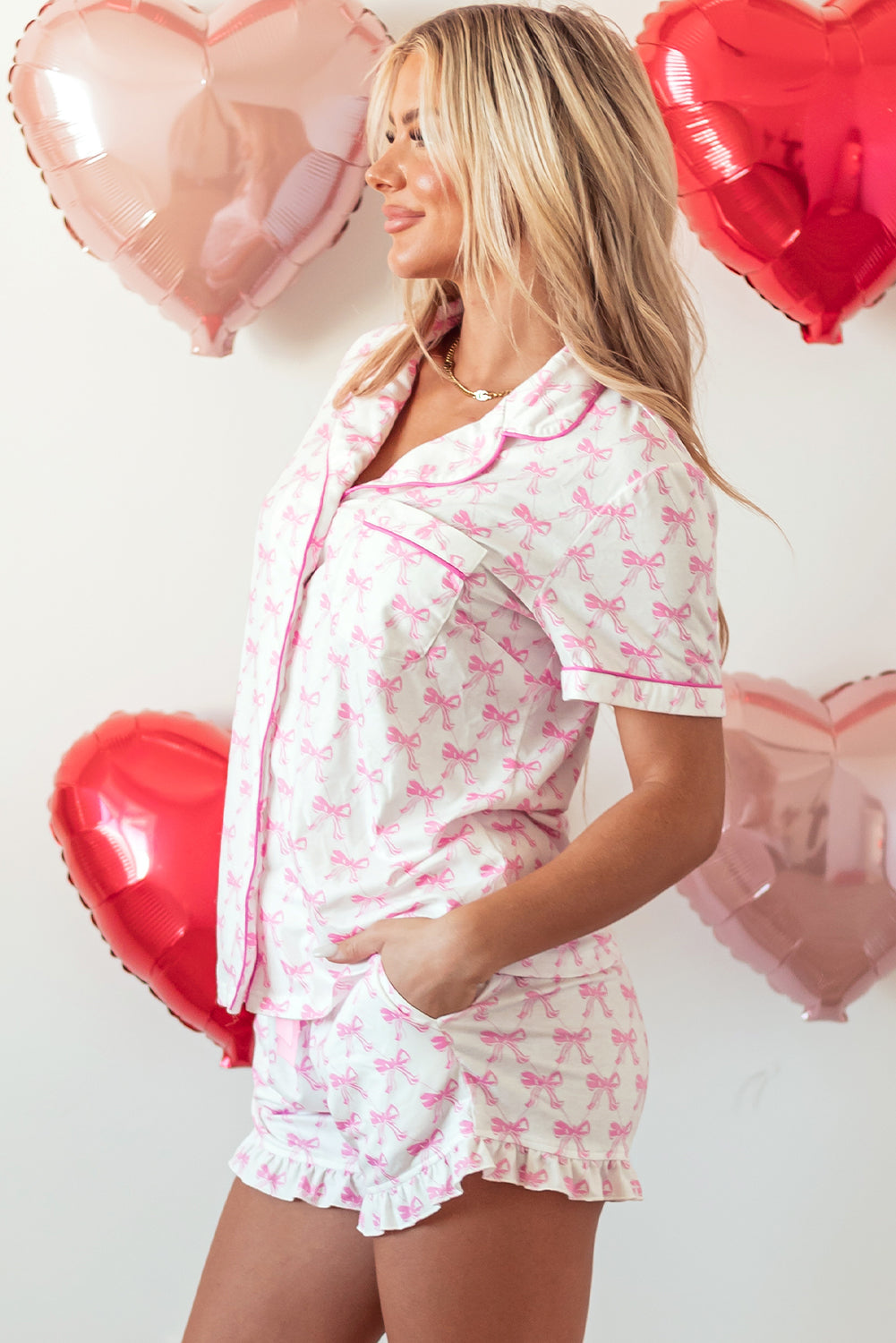 Pink Bowknot Printed Short Sleeve Ruffled Women’s Loungewear Pajama Set