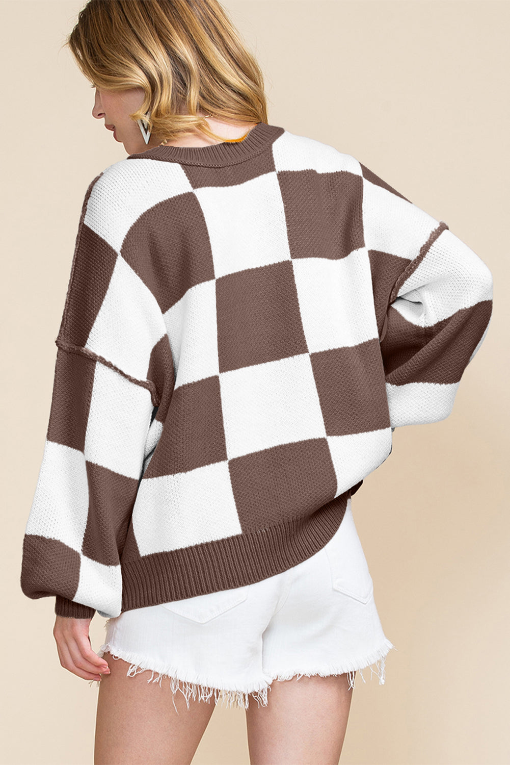 Orange Checkered Bishop Sleeve Sweater for Women
