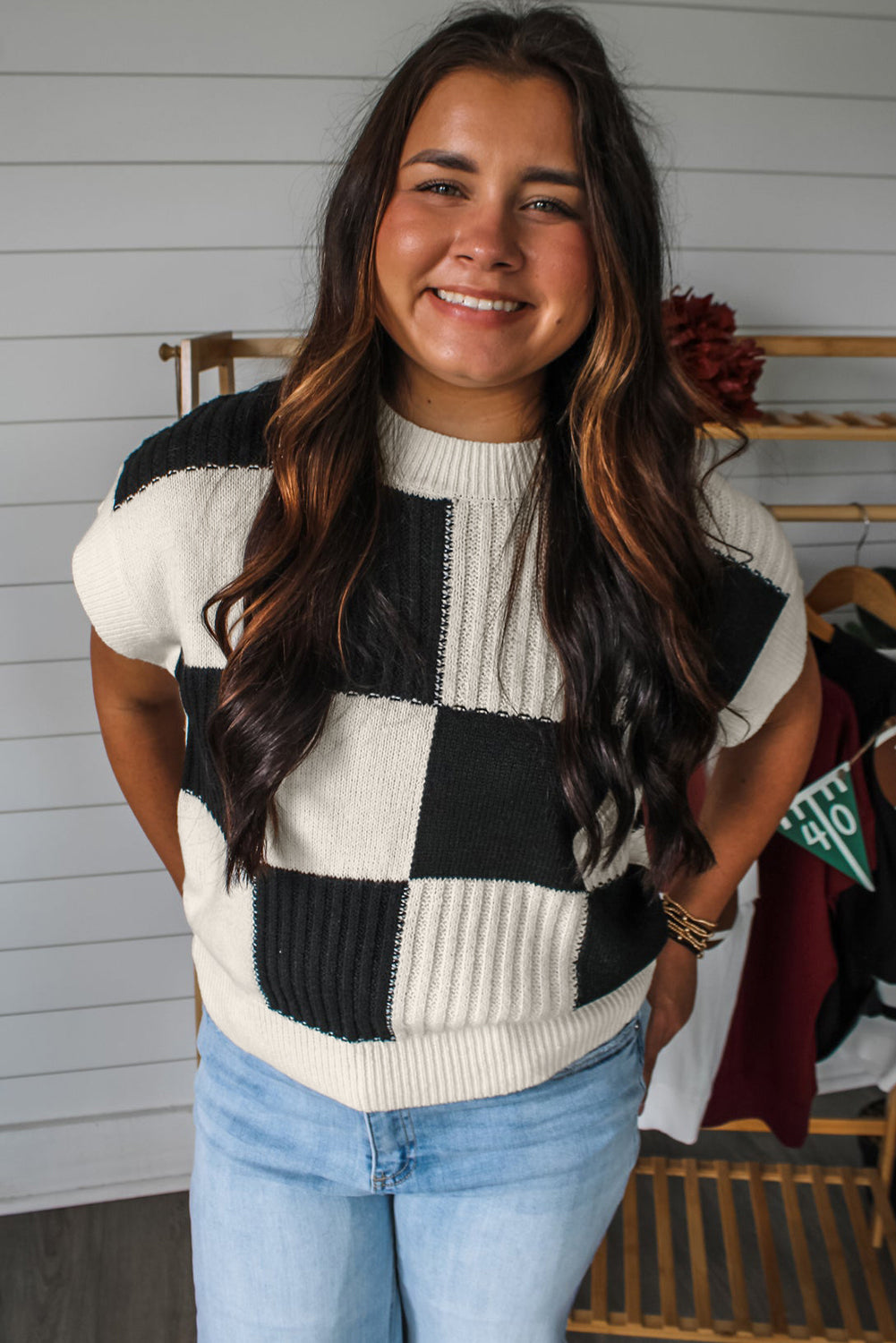 Black Checkered Colorblock Crew Neck Short Sleeve Sweater for Women