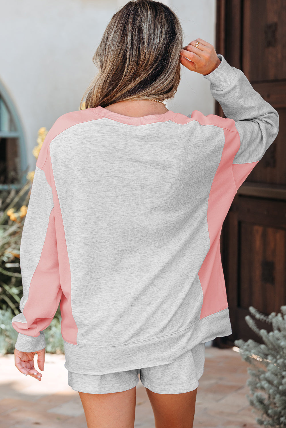 Light Grey Colour Block Raw Hem Pullover and Casual Shorts Set