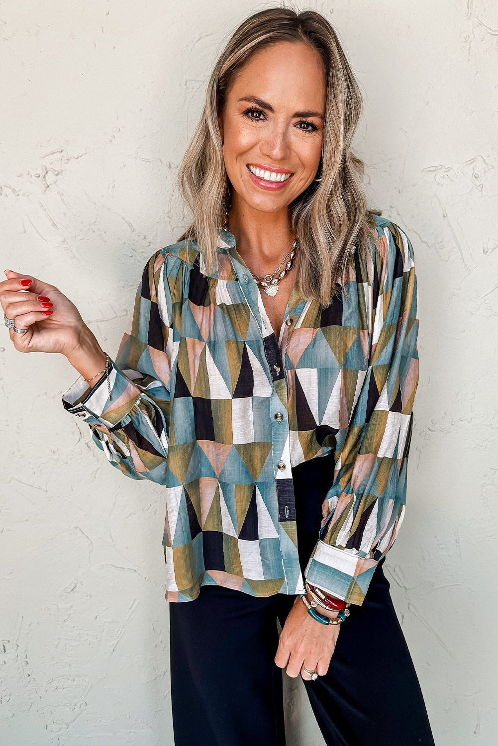 Green Geometric Print Shirt Buttoned Loose Fit Top with Balloon Sleeves