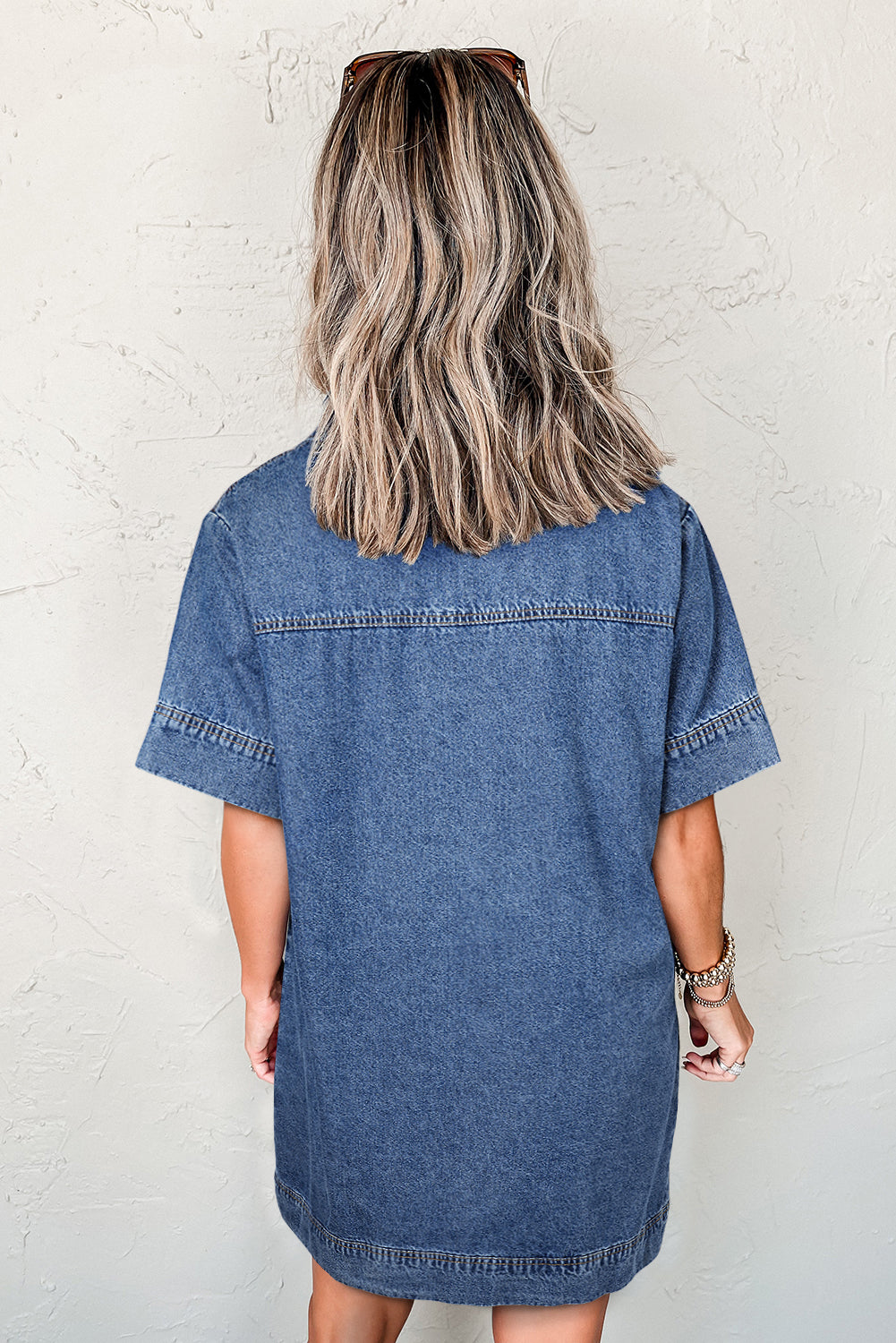 Women’s Blue Short Sleeve Collared Denim Mini Dress with Patched Pocket