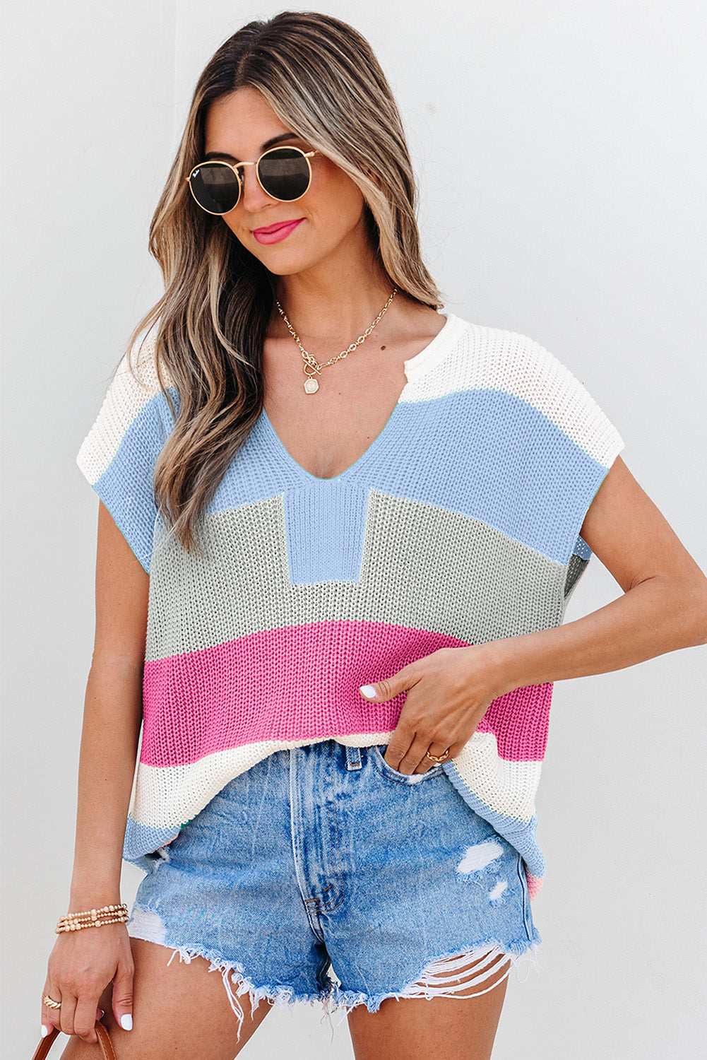 Light Blue Colour Block Notch V Neck Sweater T Shirt