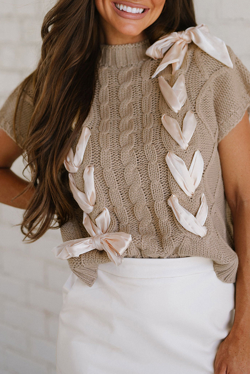 Cable Knit Colourblock Sweater Short Sleeve Satin Bowknot Top
