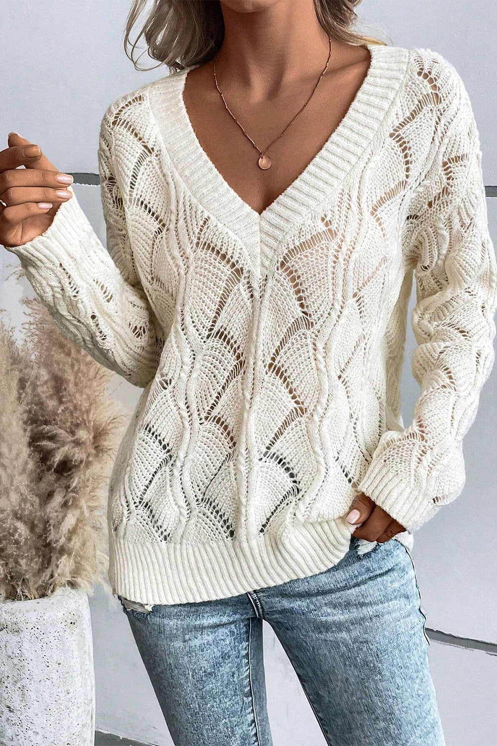 Mint Green Hollow Out Knit V Neck Drop Shoulder Women’s Sweater