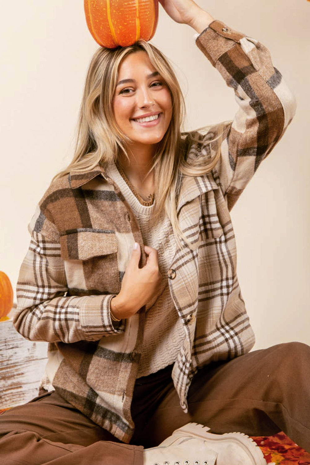 Light French Beige Flannel Plaid Shacket Double Flap Pocket Long Sleeve Jacket
