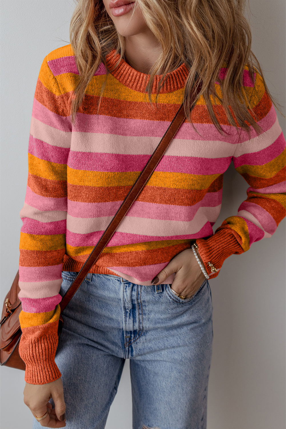 Gray Stripe Colour Block Ribbed Edge Round Neck Women’s Sweater