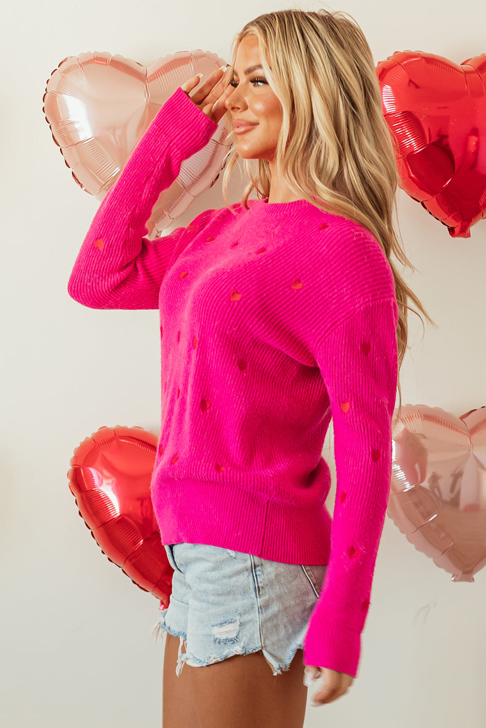 Rose Red Heart Drop Shoulder Sweater Round Neck Cute Casual Knit Sweater