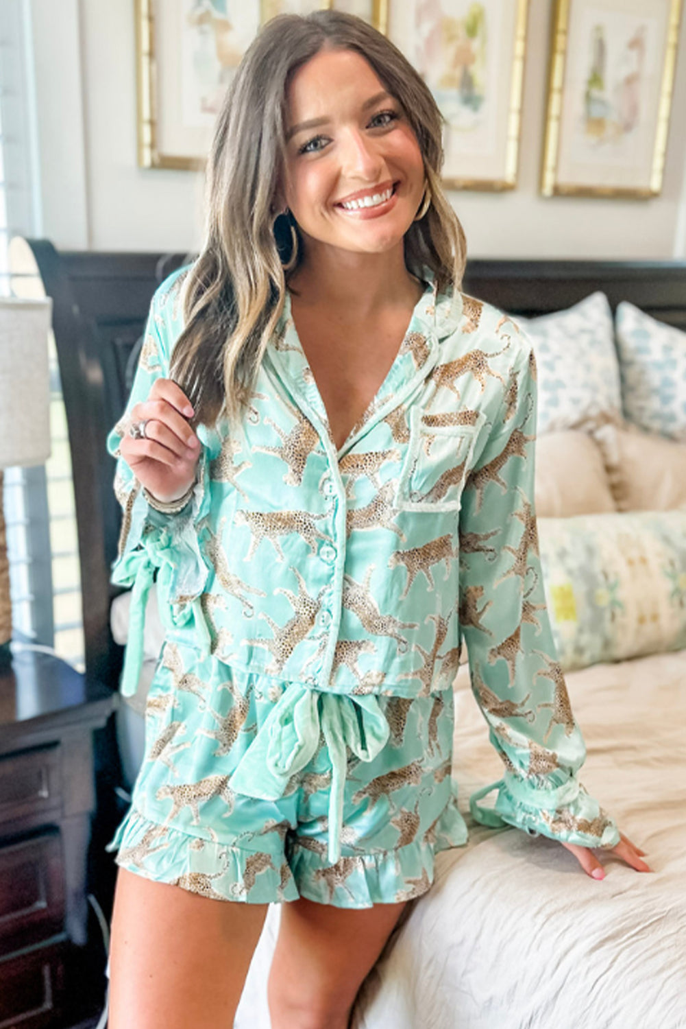Green Leopard Satin Pajama Set Ruffle Shorts & Top Women’s Sleepwear