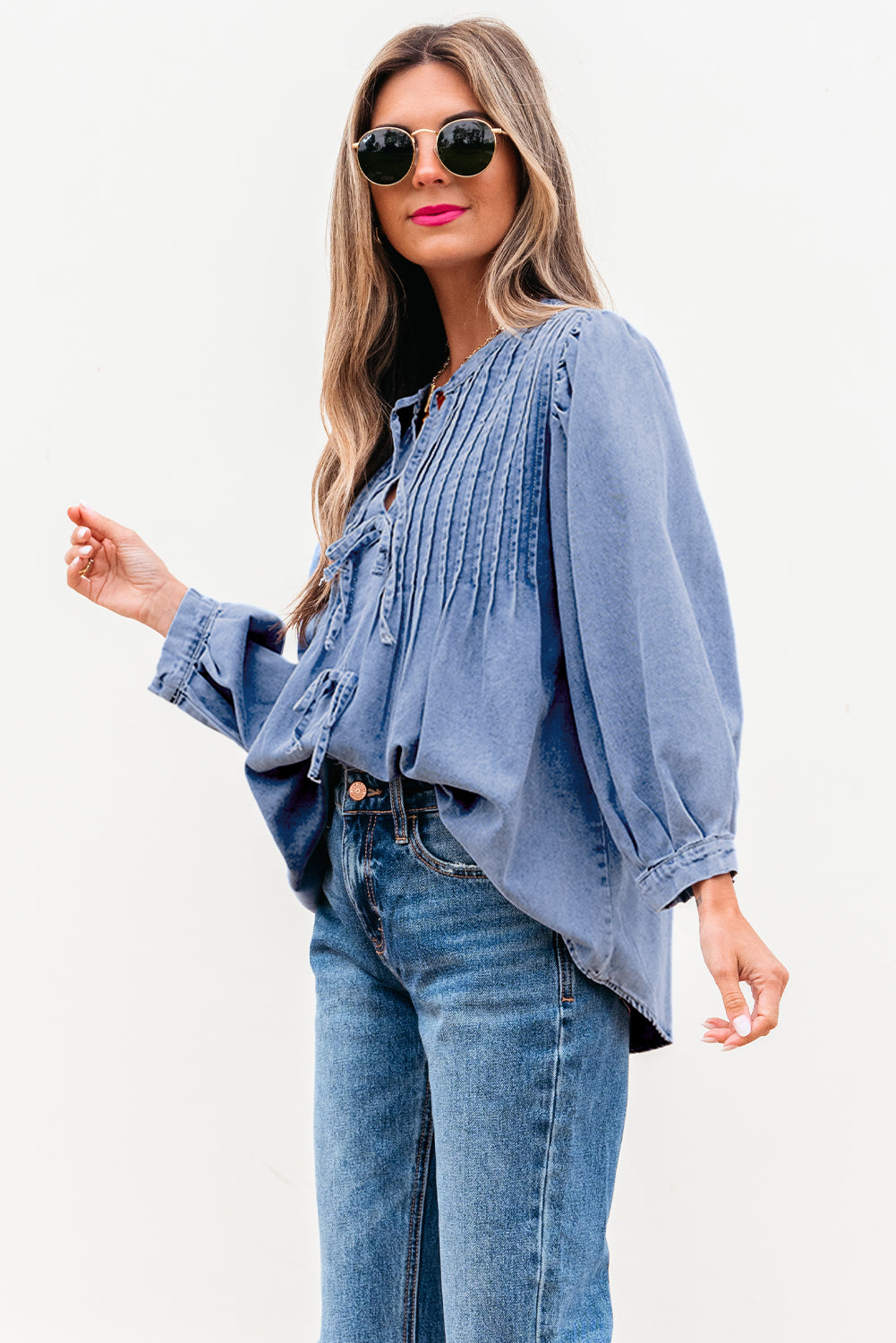 Women’s Myosotis Denim Front Pintuck Bow Tie Puff Sleeve Top