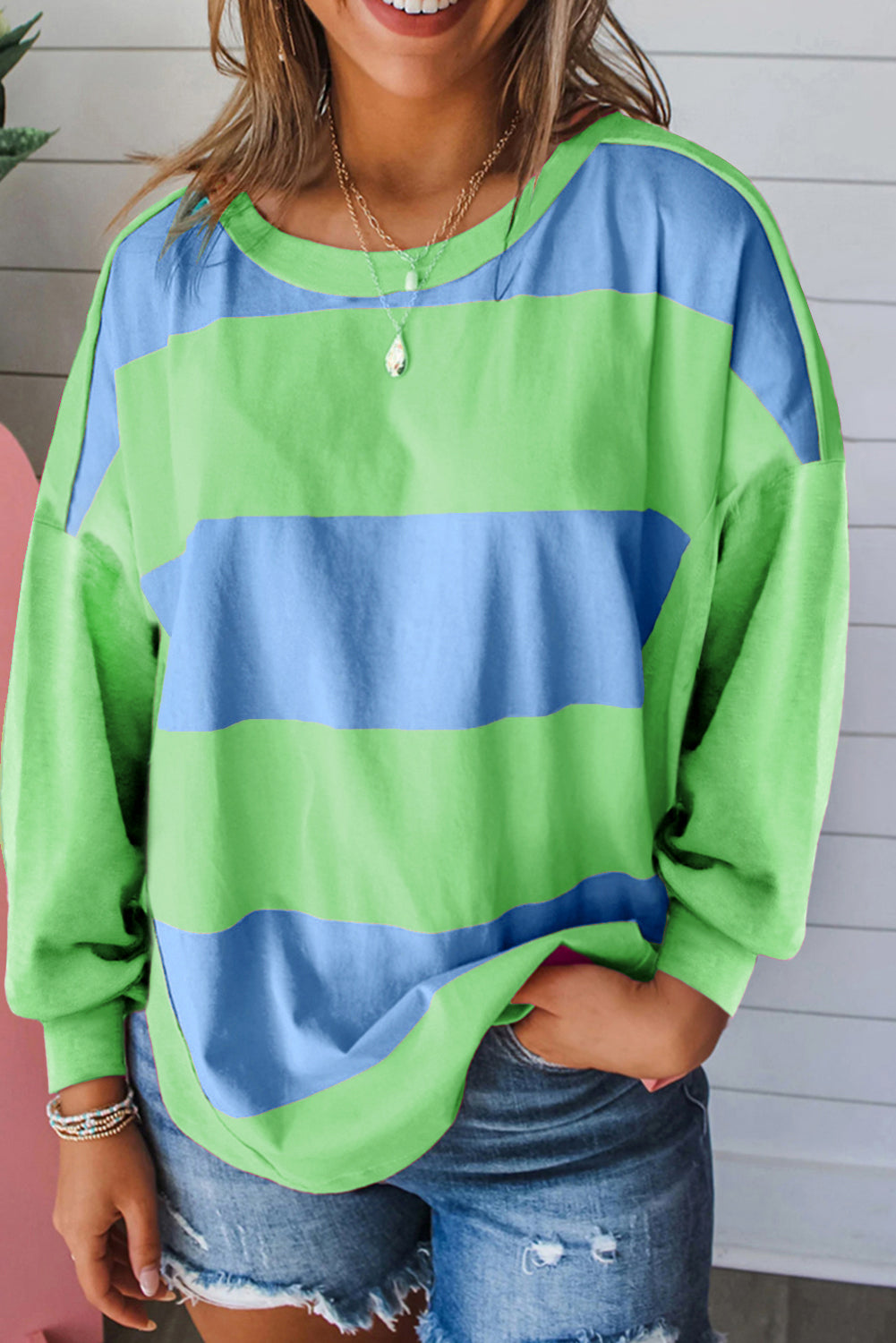 Light Green Colourblock Striped Drop Shoulder Loose Top