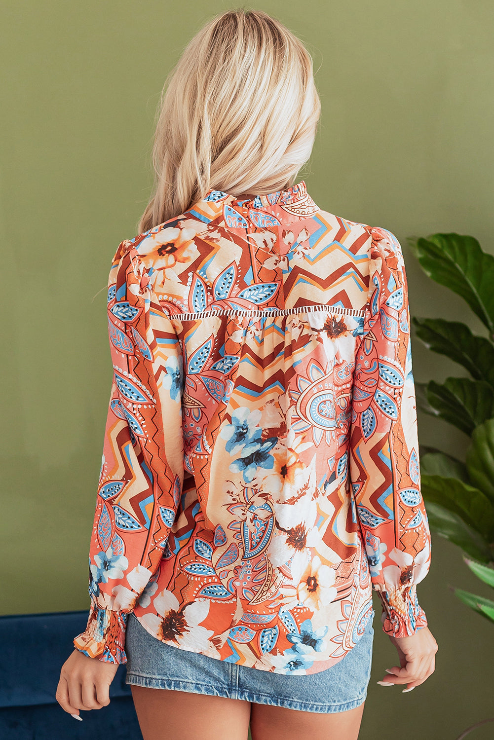 Orange Floral Print Loose Shirt Buttoned Top with Shirred Cuff Sleeves