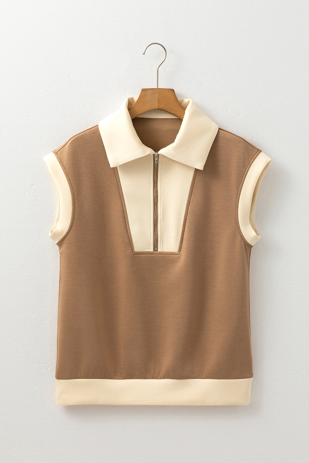 Simply Taupe Half Zipper Collared Colourblock Short Sleeve Women’s Top