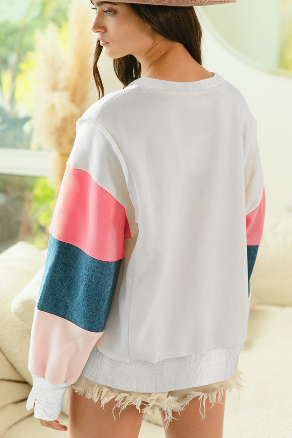 White French Terry Colour Block Long Sleeve Top Women’s Casual Fashion