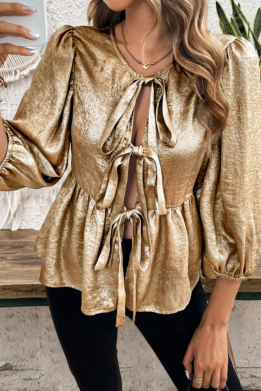 Gold Bow Tie Front Puff 3/4 Sleeve Ruffle Hem Blouse Women’s Top