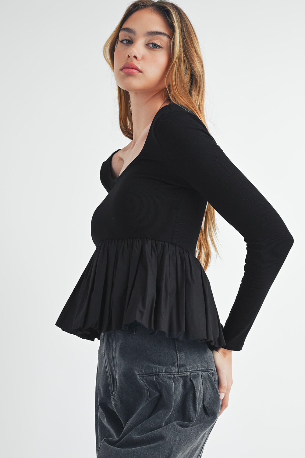 Black Ribbed Knit Peplum Top Long Sleeve Scoop Neck Patchwork Casual Top