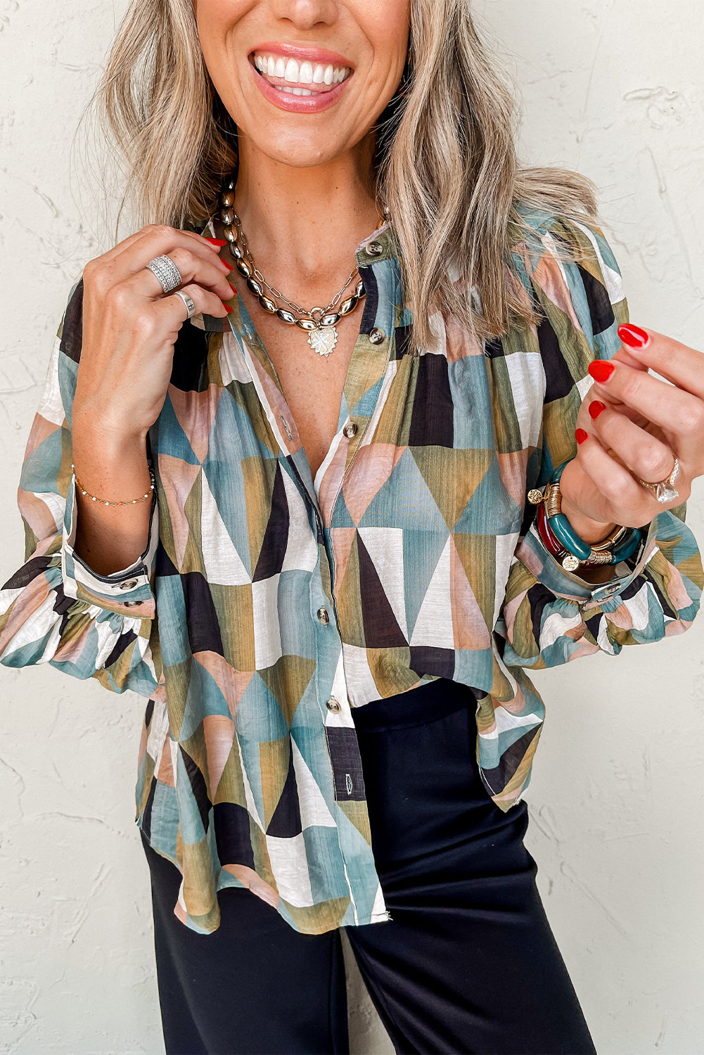 Green Geometric Print Shirt Buttoned Loose Fit Top with Balloon Sleeves