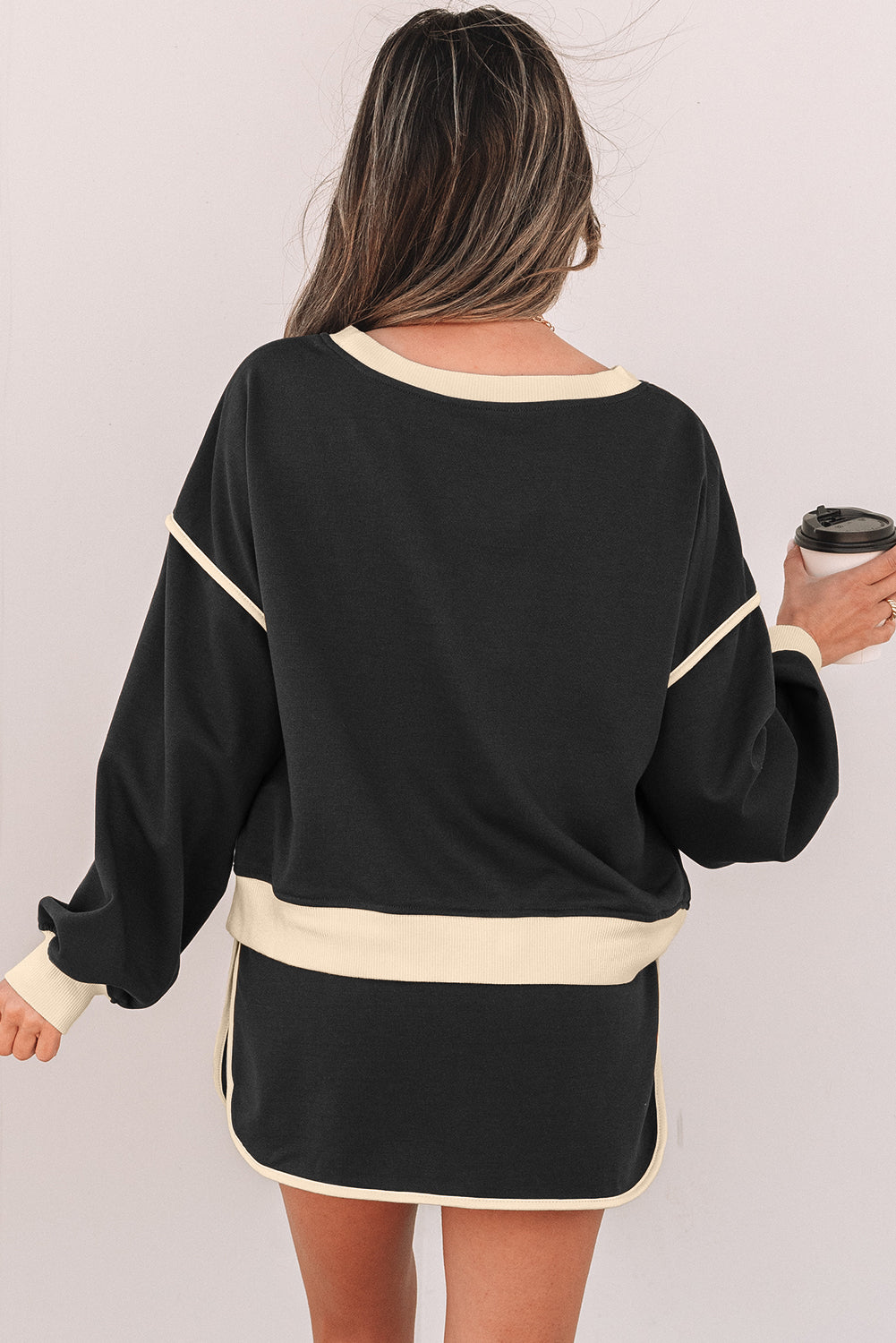 Women’s Evergreen Colour Contrast Loose Pullover with Lace-Up Waist Skort Set