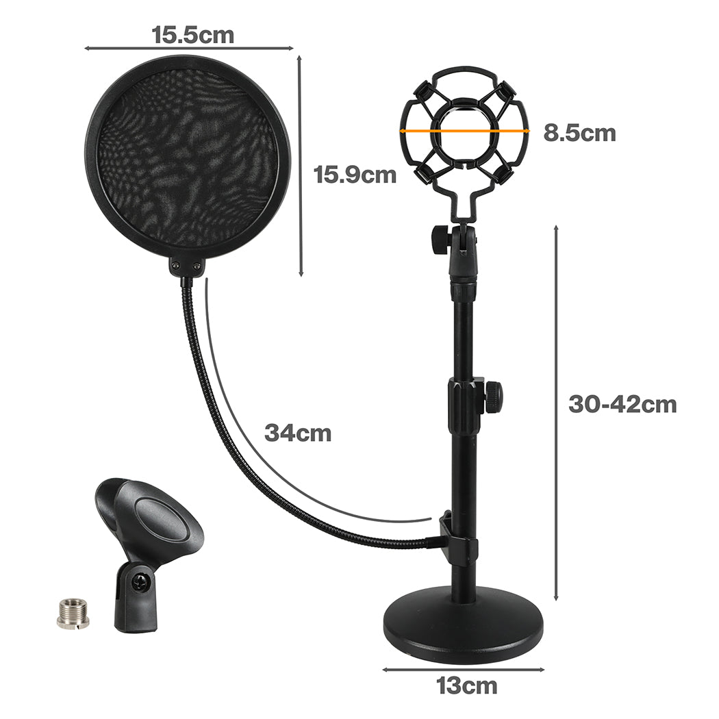 Levede Desktop Microphone Stand Adjustable Pop Filter Shock Mount Base Kit Black-2065254308319989762