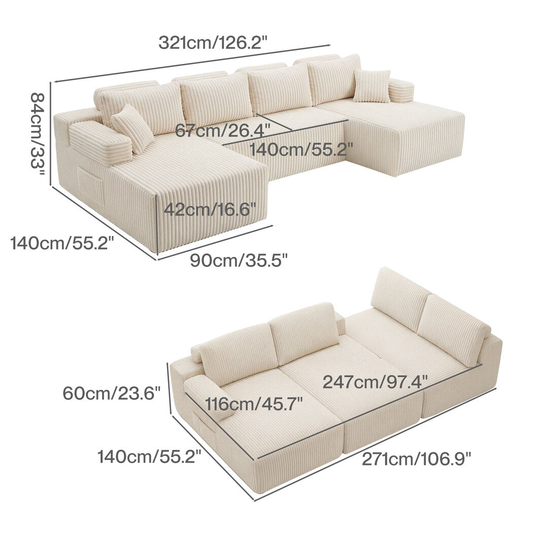 Levede Modular Sofa Lounge Set Corduroy U Shaped Sectional Cloud Couch Beige-2050056788379832322