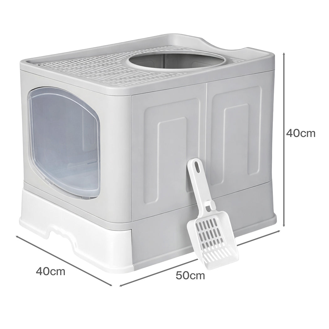 Pawz Large Cat Litter Box Foldable Top Entry Covered Litter Tray Scoop Grey-2065254305631440898