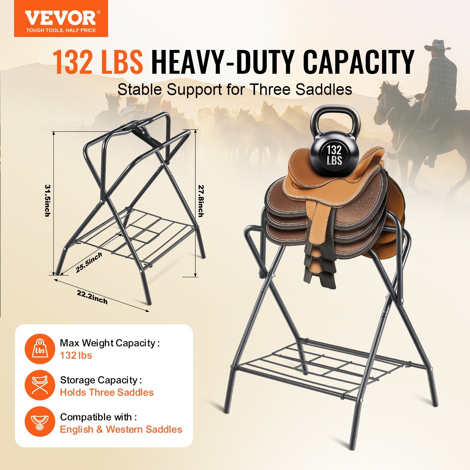 28x19x37.5in Folding Saddle Rack Heavy Duty Steel Freestanding Tack Stand Black