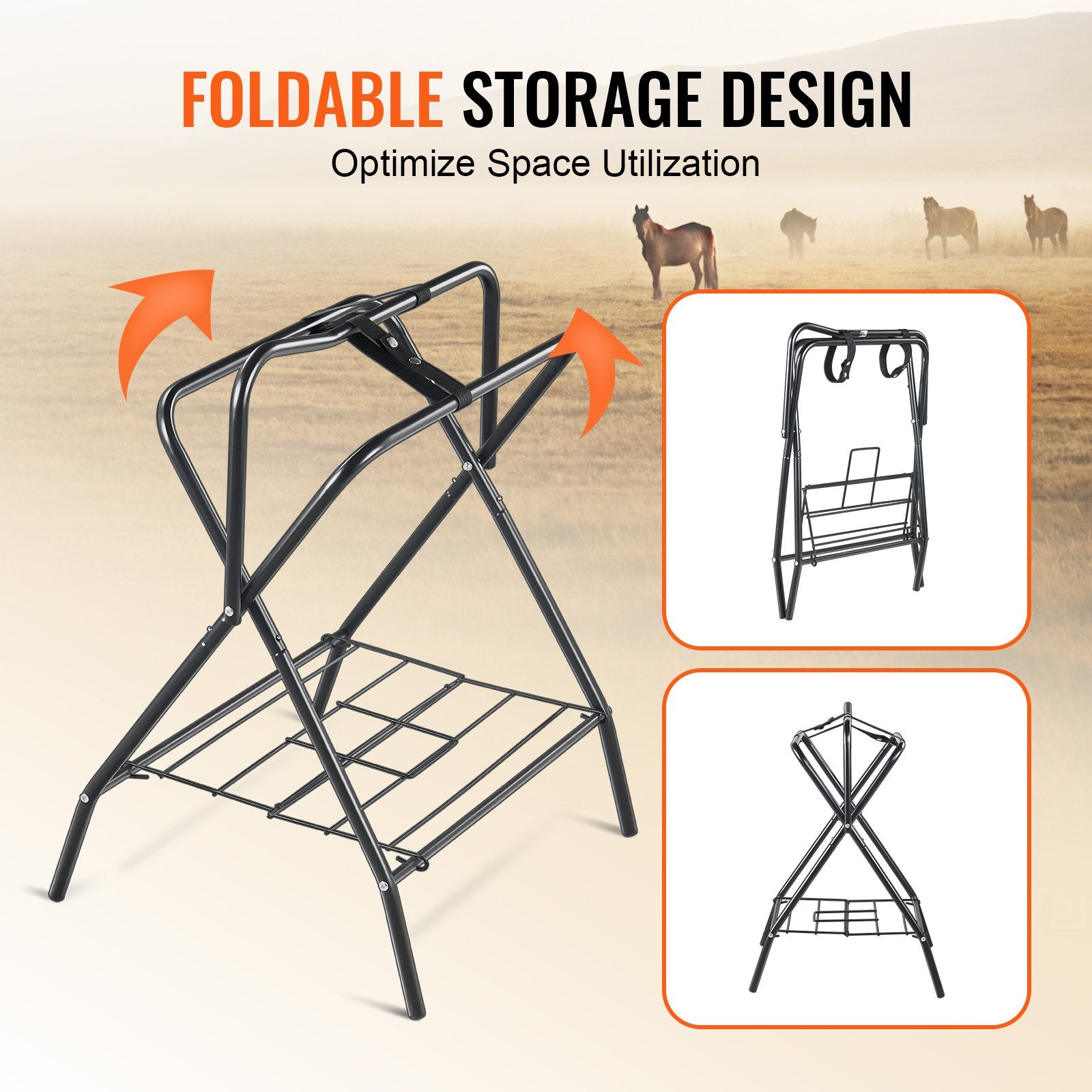 28x19x37.5in Folding Saddle Rack Heavy Duty Steel Freestanding Tack Stand Black