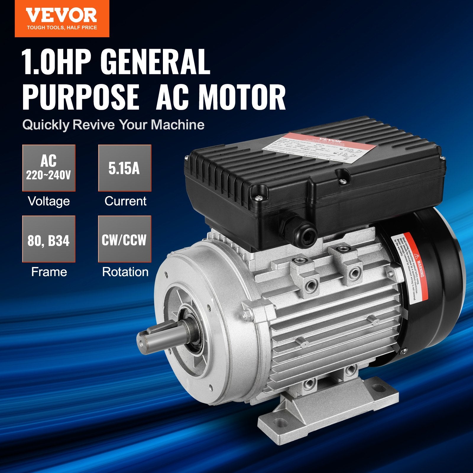 0.75KW Electric Motor 2850 rpm AC 220-240V 5.15A B34 Frame CW/CCW Rotation