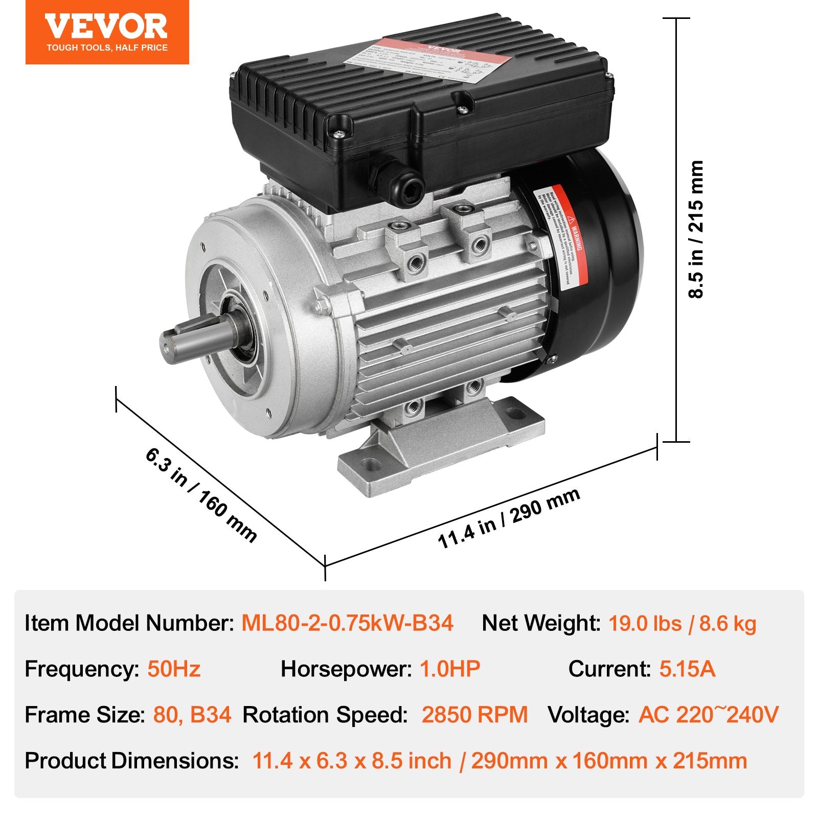 0.75KW Electric Motor 2850 rpm AC 220-240V 5.15A B34 Frame CW/CCW Rotation